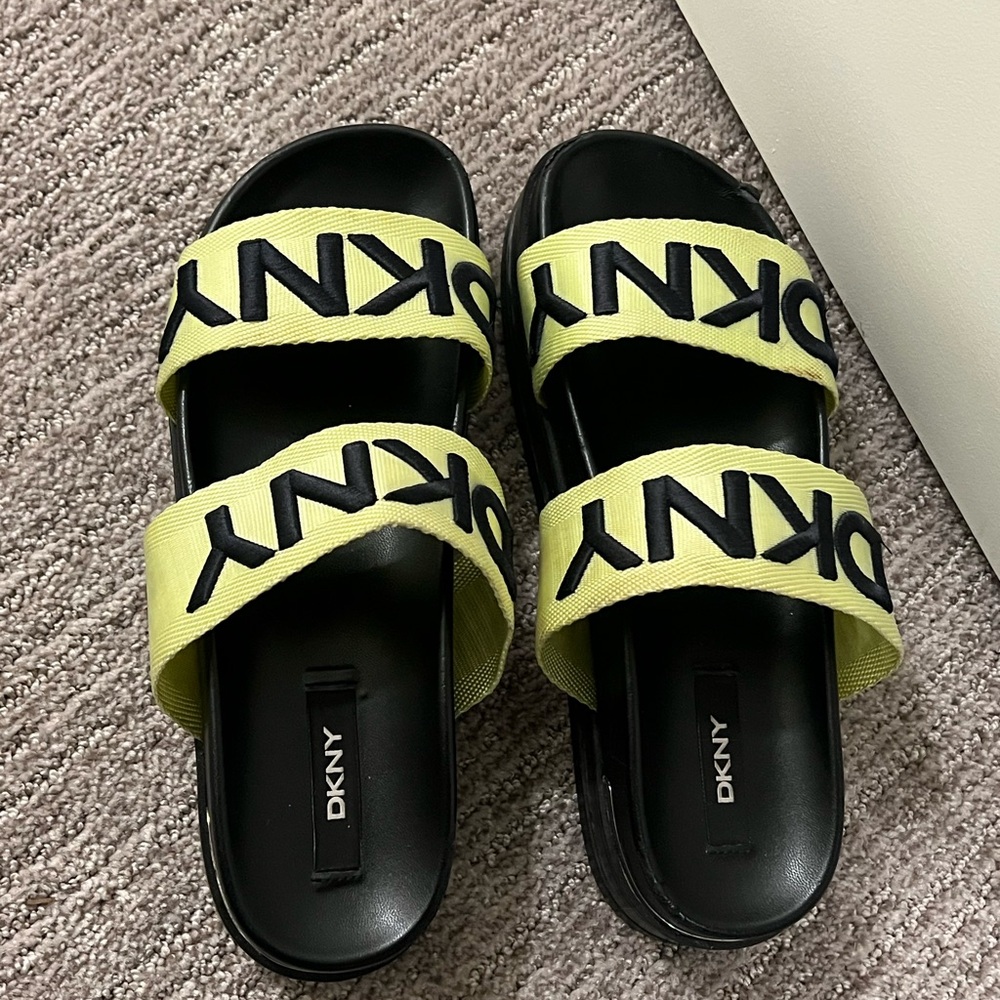 DKNY Black and Lime Slide Sandals